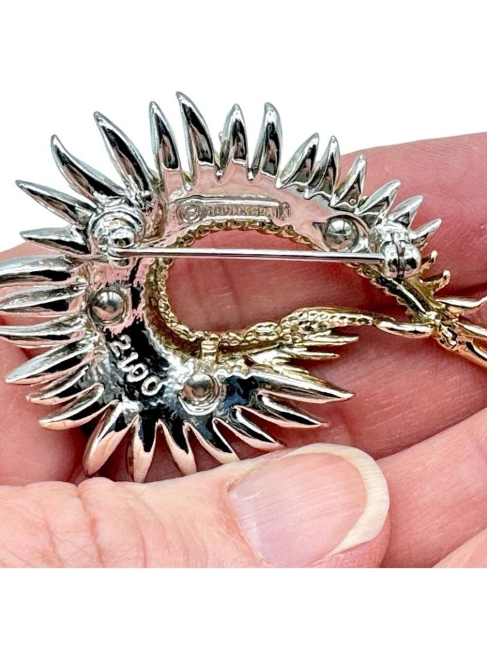 Vintage Marcel Boucher Brooch Gold Tone Rhodium Plated Fern Feather Rhinestones - Picture 8 of 14